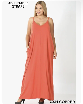 #ad Zenana V Neck Long Maxi Dress Pockets Spaghetti Strap Beach Medium $12.89