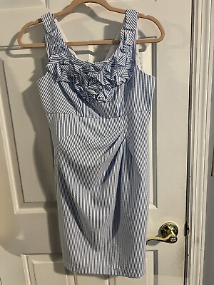#ad London Times White And Blue Ruffled Cocktail Dress Size 6 Petite. Sleeveless $22.99