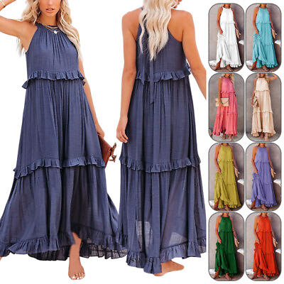 Women Summer Long Maxi Dress Sleeveless Tiered Long Skirt Ruffle Beach Holiday $22.55