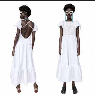 #ad Zara Crochet Front Maxi Dress XXL White Cotton Blend Open Back Tiered Boho Party $48.00