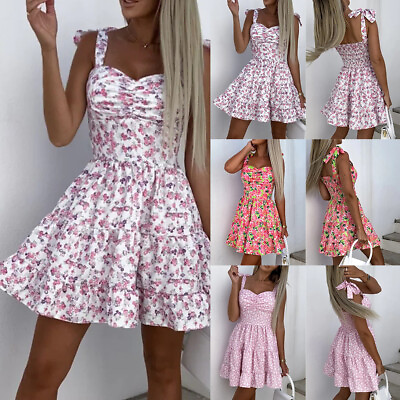 #ad BIG SALE ⭐ Womens Floral Boho Mini Dress Strappy Frill Holiday Beach Sundress US $9.73