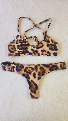 #ad Pakaloha Leopard Bikini 2 Piece Swimsuit Size Small Strappy Top Thong Bottom $19.99
