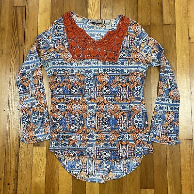 #ad BOHO Top Womens Large LIFE STYLE Lace Multicolor Floral Long Sleeve Cotton $7.17