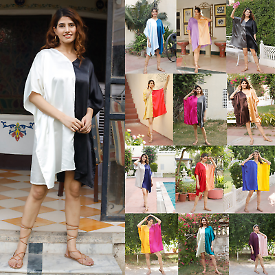 #ad Women Satin Silk Short Kaftan Boho Summer Beach Sundress Plus Size Tunic Top $12.99
