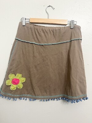 #ad Natural Life Floral Flower Brown Appliqué Cotton Skirt Size Large Y2K Pom Pom $20.00