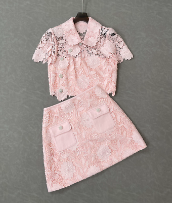 Self Portrait Women Polyester Lace Short Sleeve Top A line Mini Skirt Outfits $340.00