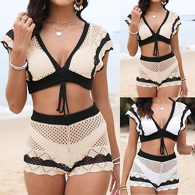 #ad Women#x27;s 2 Piece Crochet Cover Up Set Hollow Out Backless Beach Swim Coverups $19.53