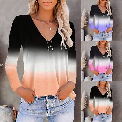 Womens Gradient Printed T shirt V Neck Tops Ladies Casual Long Sleeve Blouse US $7.59