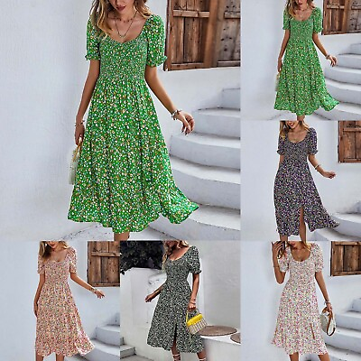 #ad Women Summer Printed Scoop Neck Midi Dress Boho Short Sleeve Beach Sundresses $36.25