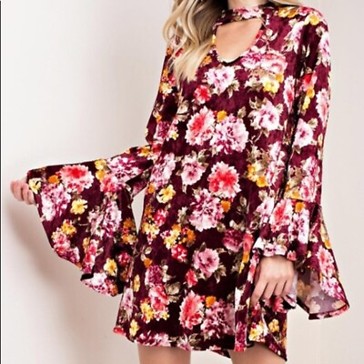 Kori America Women#x27;s Velvet Choker Dress Bell Sleeve Boho Hippie Floral Boutique $30.00