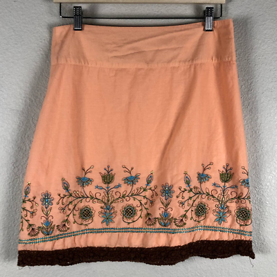 #ad Soulmates Skirt Women Junior 7 Peach Embroider Brown Crochet Trim Bohemian Hippy $10.00