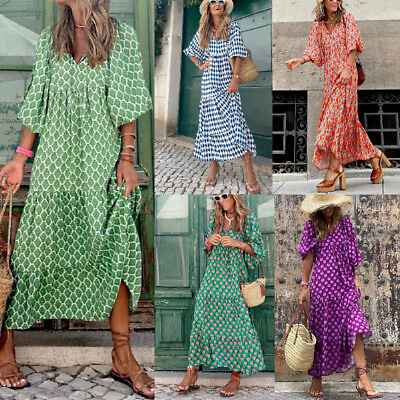 #ad Women#x27;s New Summer Printed Long Dress Vacation Bohemian Long Dress Women $33.14