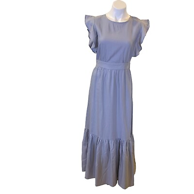 #ad $425 Cynthia Rowley Sky Blue Linen Blend Ruffle Details Tier Maxi Dress XSmall $139.99