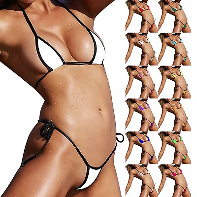 #ad Dissolving Bikini Women#x27;s Solid Color Sexy Three Point Thong Bikini Swimsuit $10.93