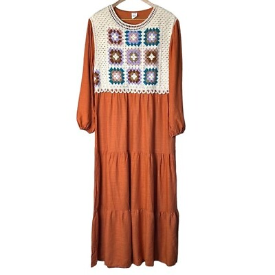 #ad BOHO Dress Maxi Size L Crochet Granny Square Bodice Tiered Ruffle Skirt $29.99