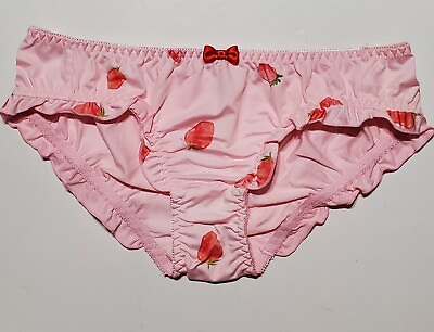 #ad Liquid Satin Bikini 7 L PINK Strawberry PRINT Ruffle Trim Sissy Panty Girly $34.99