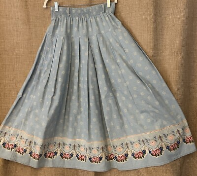 #ad Liz Claiborne Skirt M Vintage Blue Chambray Lizwear High Rise Pockets Floral Hem $34.99