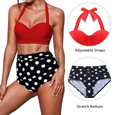 #ad Retro Polka Dot High Waist Split Swimsuit Push Up Bikini Set for Women XL Size $18.99