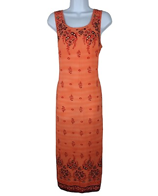 #ad Vintage Dress 11 Orange Maxi Shift Floral Belted Side Slits Long Peasant Ethnic $21.00