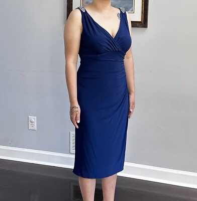 #ad Lauren Ralph Lauren navy blue evening dress size 8.jeweled wedding cruise party $40.00