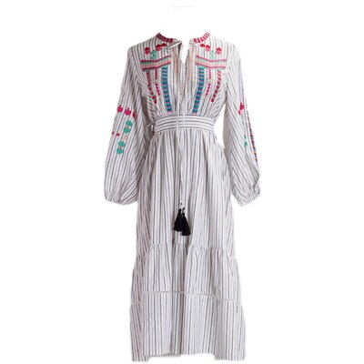 #ad Lady Ethnic Tassel Embroidered Maxi Dress V neck Striped Boho Vacation Soft Cosy $40.59
