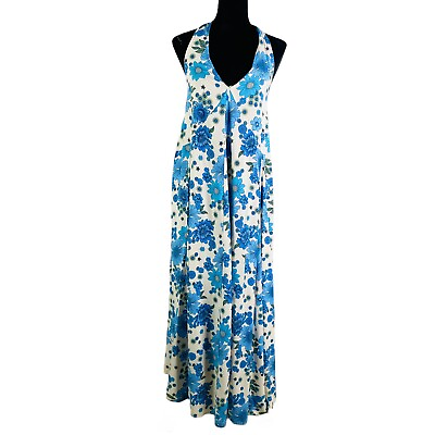 #ad #ad Aakaa Leah Halter Dress Blue Floral Maxi Dress Size Medium $25.00