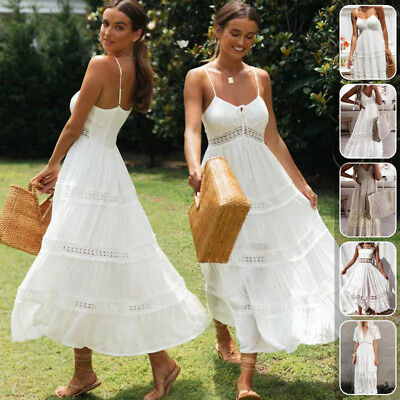 #ad Women Maxi Dress Long Holiday Boho Lace V Neck Ladies short sleeve Summer NEW $27.91