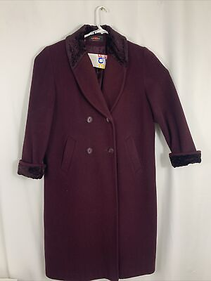 Vintage 80s Alorna Long Plum Wool Coat 12 Petite Evening Duster Velvet Trim $50.00