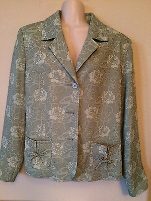 #ad Green Jacquard Collared Button Up Lined Women#x27;s 2pc Jacket Skirt Suit Set SZ 14 $54.99
