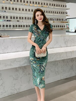 #ad Women Party Dress Short Sleeve Bodycon Cocktail Sexy New V Neck Floral Velvet $69.33