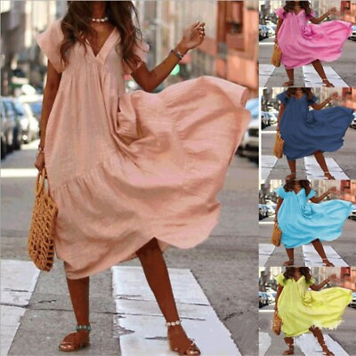 #ad #ad Women Summer Party Beach Long Maxi Shirt Dress V Neck Asymmetric Tiered Sundress $20.85
