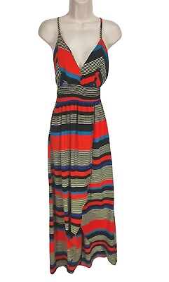 #ad CHOCOLATE Womens Multicolor Striped Faux Wrap Maxi Dress Size S Sweetheart Neck $16.99