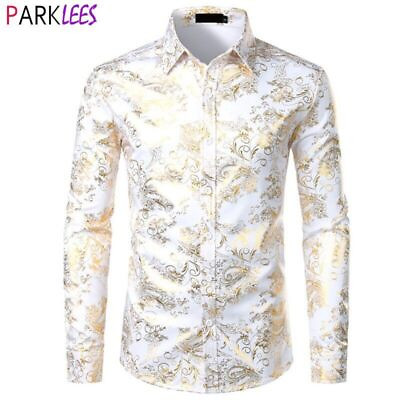#ad Shiny Printed Luxury Dress Shirts Men Long Sleeve Button Wedding Party Shirt $38.92