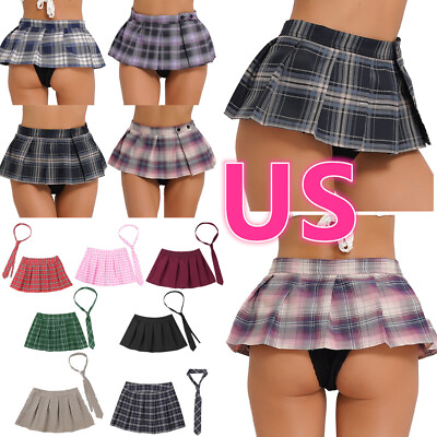 #ad US Women#x27;s Micro Skirts with Necktie Mini Plaid Skirt Pleated Schoolgirl Cosplay $15.19