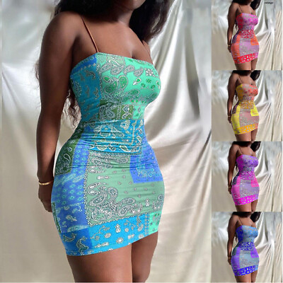 #ad Womens Strappy Printed Summer Party Beach Mini Bodycon Cami Dress Boho Dresses* C $14.47