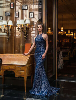 #ad Evening Prom Cocktail Dress Elegant Blue Sequin Long Formal Dress $38.69