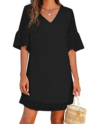 #ad Blooming Jelly Womens Black Dresses Short Sleeve V Neck Ruffle Cute Sun Dress $31.99