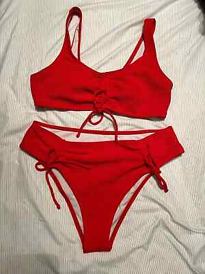 #ad #ad CUPSHE Rare Red Textured Bikini Set Front amp; Side Laced Size Medium Marvel $13.50