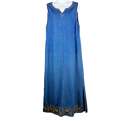 #ad Denim Dress Maxi A Line Empire Sleeveless M Floral Embellished Embroidered FLAW $21.00