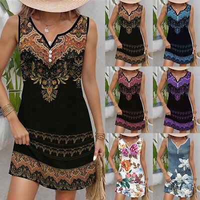 #ad Boho Womens Button A Line Floral Printed Sleeveless Mini Dresses Holiday Beaches $18.69