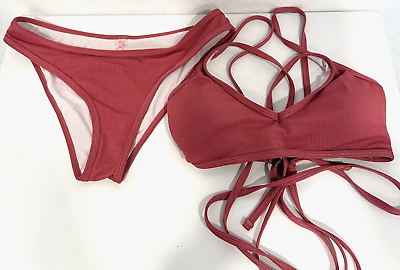 #ad NWOT RomWe Bikini 2 Pc Strappy Swimwear Mauve Pink Ribbed Removable Pads SZ Med $9.95