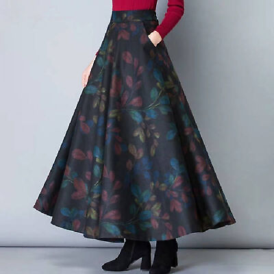 #ad Maxi Skirt Plus Size Versatile High Waist Loose Leaves Print Skirt Thick $13.41