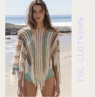 #ad POL Bikini cover up crochet style fringe hoodie stripe cream multi green sweater $72.00