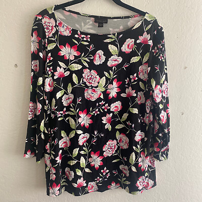 #ad J Jill Womens Blouse Top Floral Black Petite Size MP Wearever Collection Shirt $16.99
