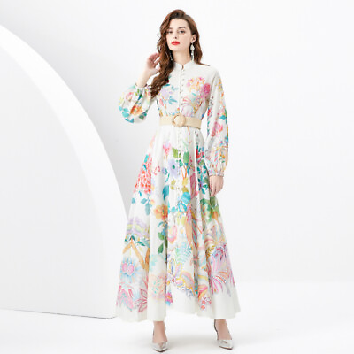 #ad Spring Fall Floral Print Mock Neck Belt Stretched Cuffs Women Party Maxi Dresses $31.99
