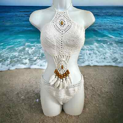 #ad Crochet Bikini Set 2 Pieces White Crochet Vacation Vacay SZ S M $11.00
