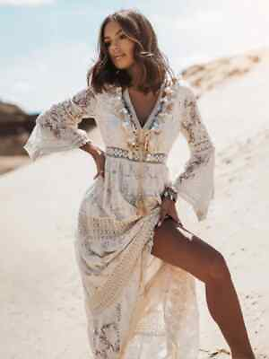 #ad #ad Long Dress Women Lace Maxi Dress Summer Beach Dresses Ladies V Neck $59.41