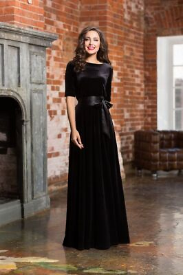 #ad Elegant Women Velvet Dress Half Sleeve Cocktail Party Dress Stylish Satin Belt $149.00