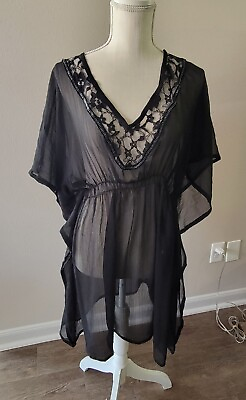 #ad Sheer Black Chiffon Swim Cover Up V Neck With Lace Trim One Size $13.99