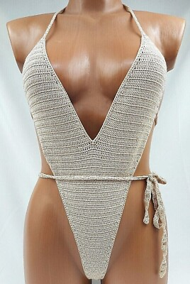 #ad #ad Crochet beige one piece swimsuit Hight cut bathingsuit Cheeky Extreme monokini $75.00